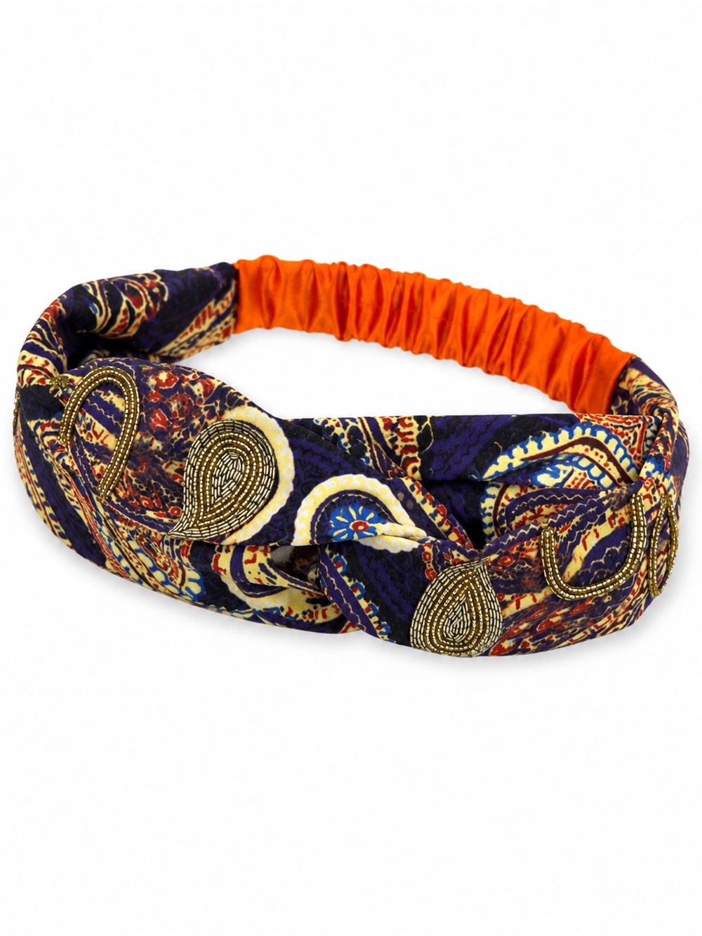 Boho Printed Twist Headband with Bead Embellishments - Navy & Orange